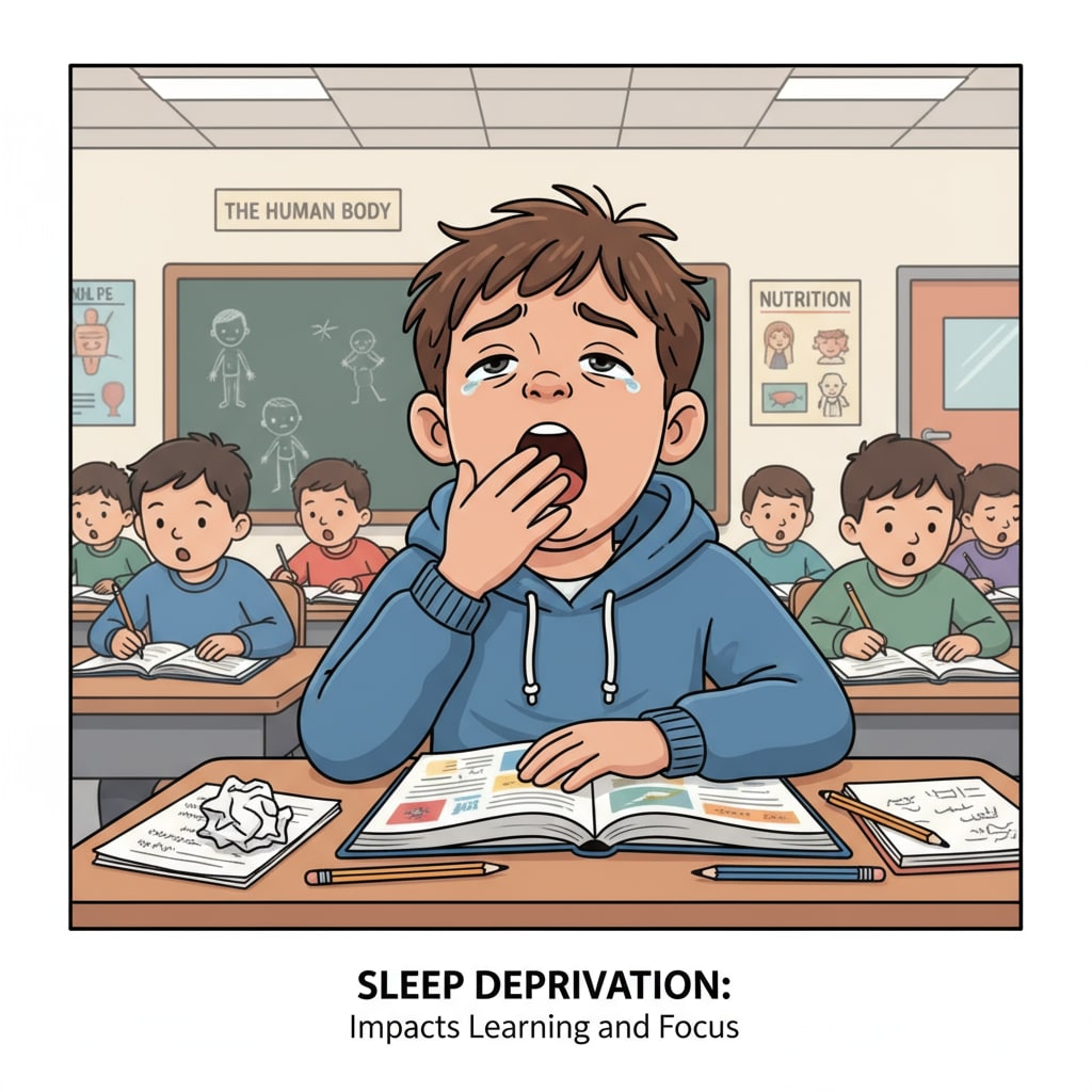 A sleep-deprived student in a classroom setting.