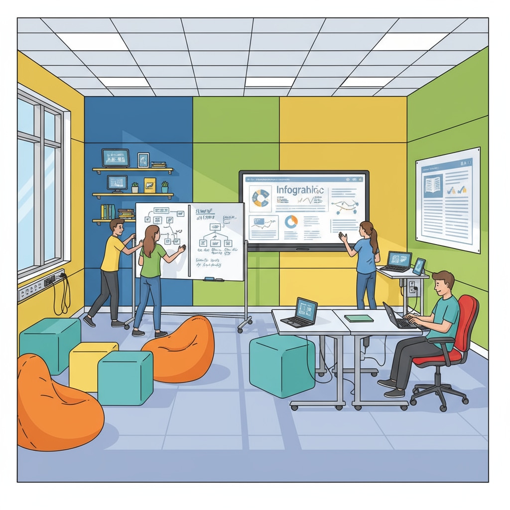 Students collaborating in a K-12 educational space designed to meet their interests