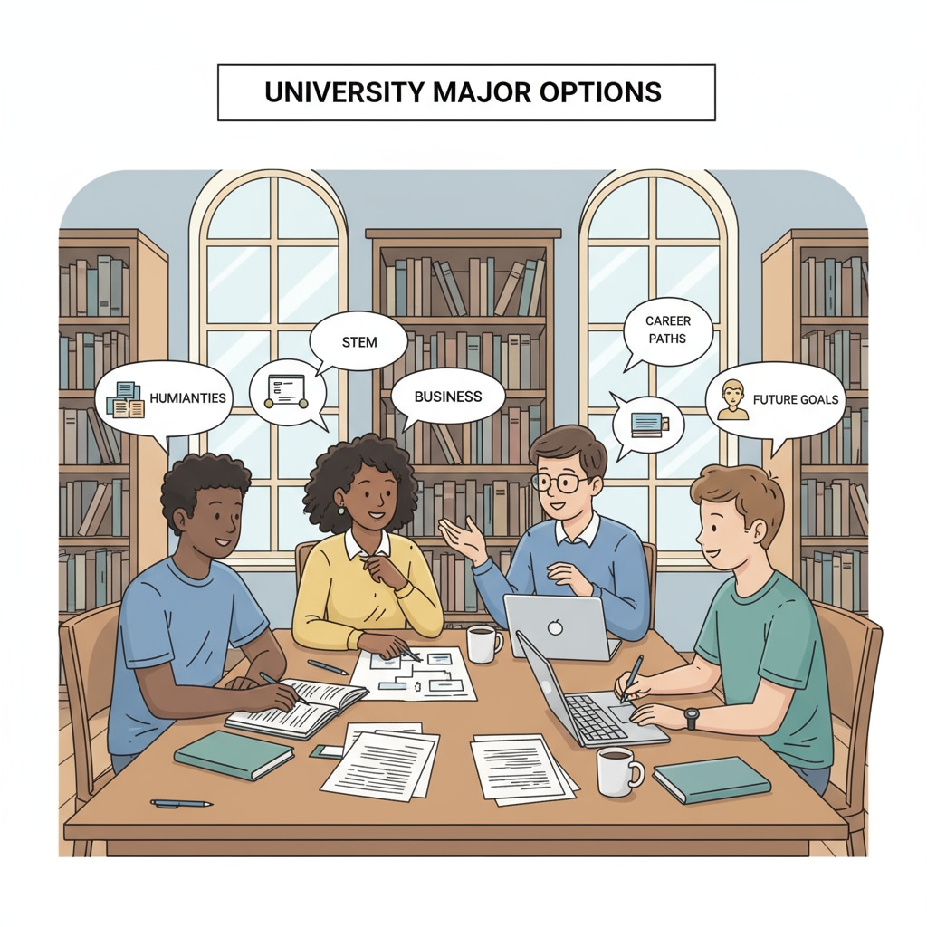 Students discussing university major options in a library related to math, physics, software engineering, and career prospects
