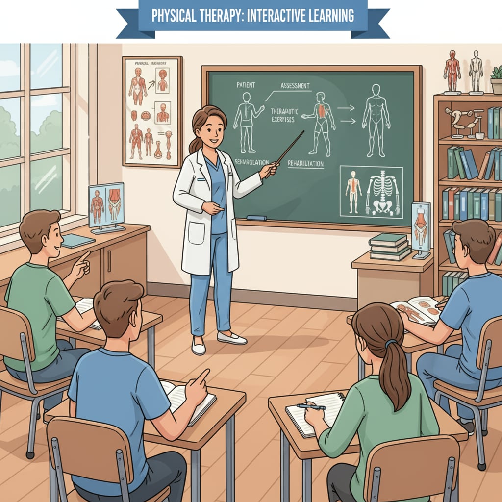 A physical therapy professional giving a presentation to students