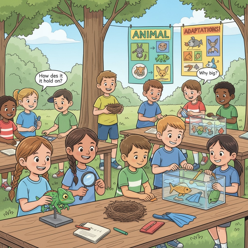 A group of students participating in hands-on activities related to animal adaptation at the day camp, emphasizing the elements of day camps, animal adaptation, and naming creativity.