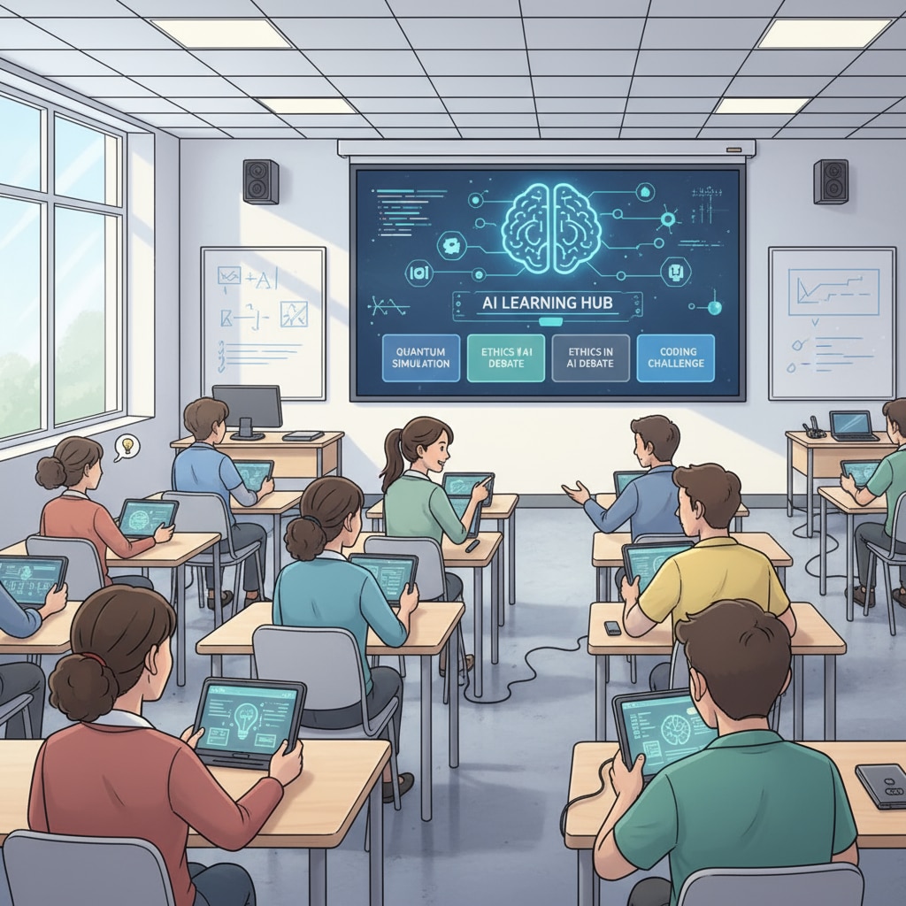 Students interacting with AI - based learning system in a university classroom related to artificial intelligence, higher education, and the future of universities