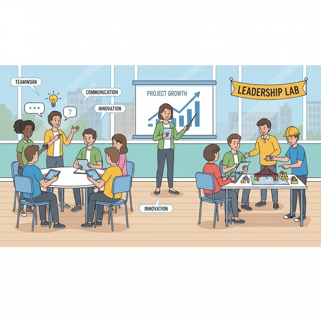 Students engaged in leadership activities in a K12 classroom related to General Motors, IQ research, and leadership