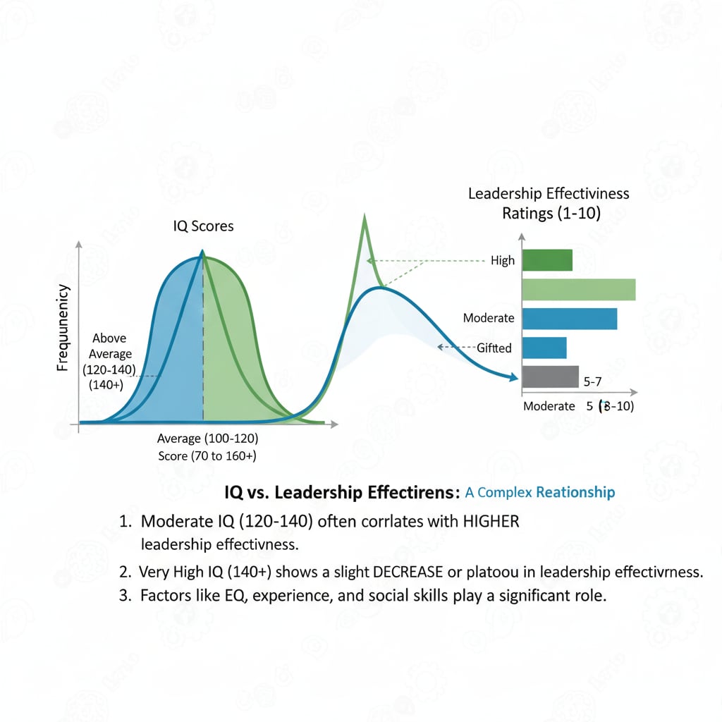 Graph depicting the relationship between IQ and leadership effectiveness in the context of General Motors, IQ research, and leadership