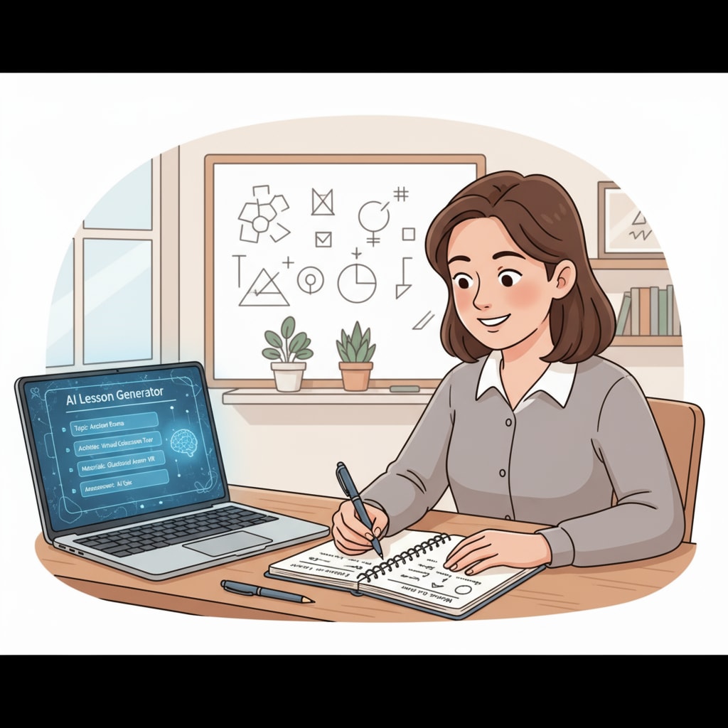 A teacher writing a lesson plan with an AI interface in the background, related to student teaching, lesson planning, AI authenticity checks, and teaching adaptability