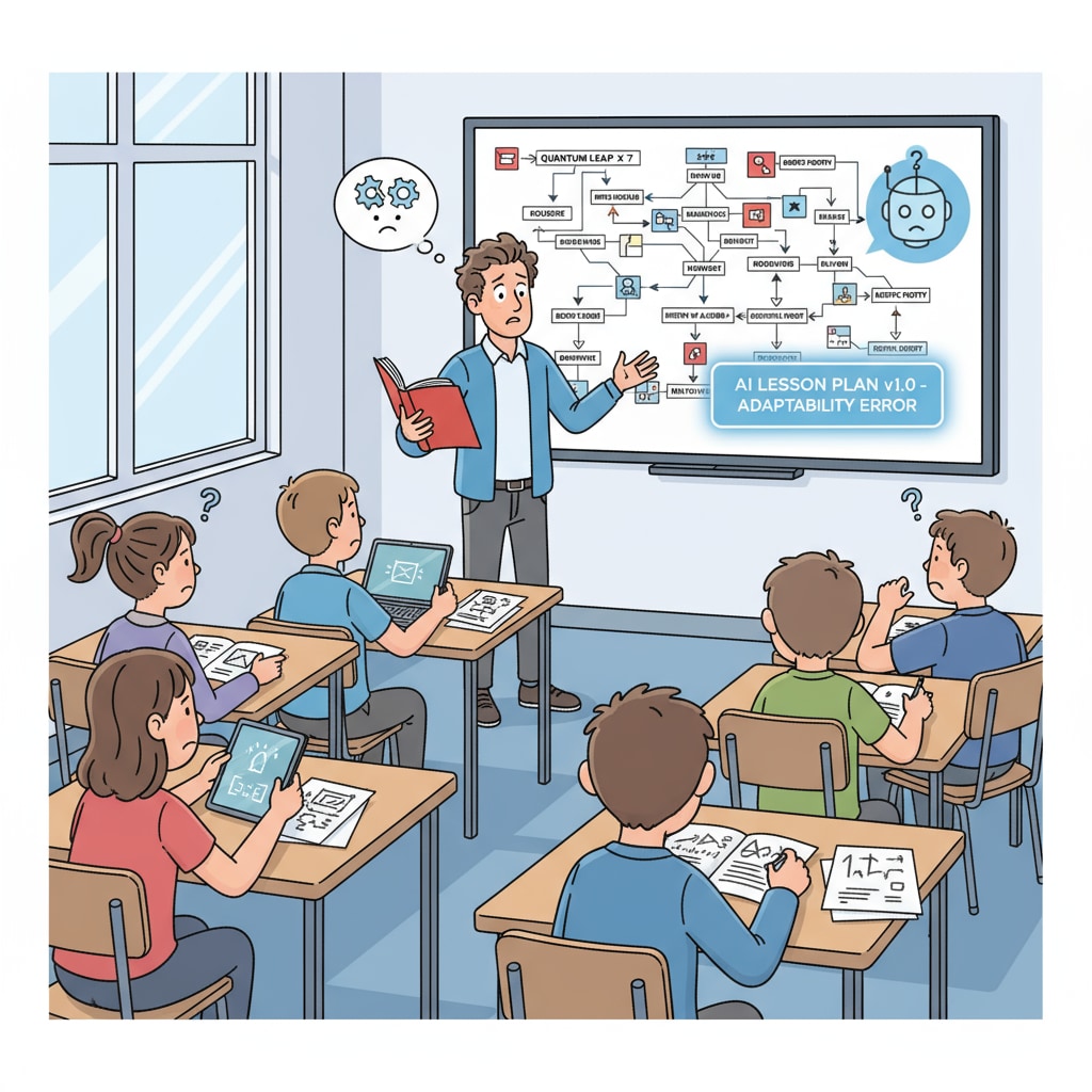 Students with confused expressions during a lesson with a rigid AI-generated plan, relevant to student teaching, lesson planning, AI authenticity checks, and teaching adaptability