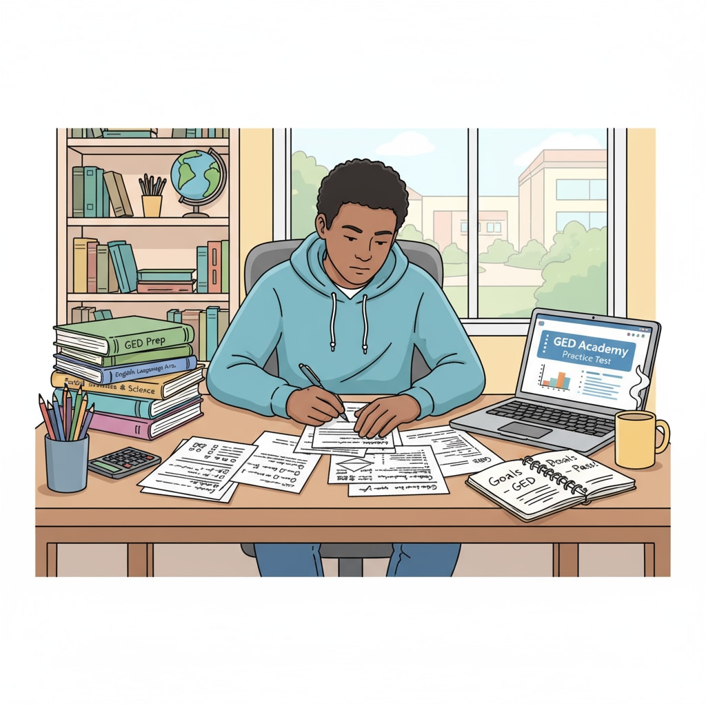 A student studying for the GED test amidst high school dropout and community college considerations
