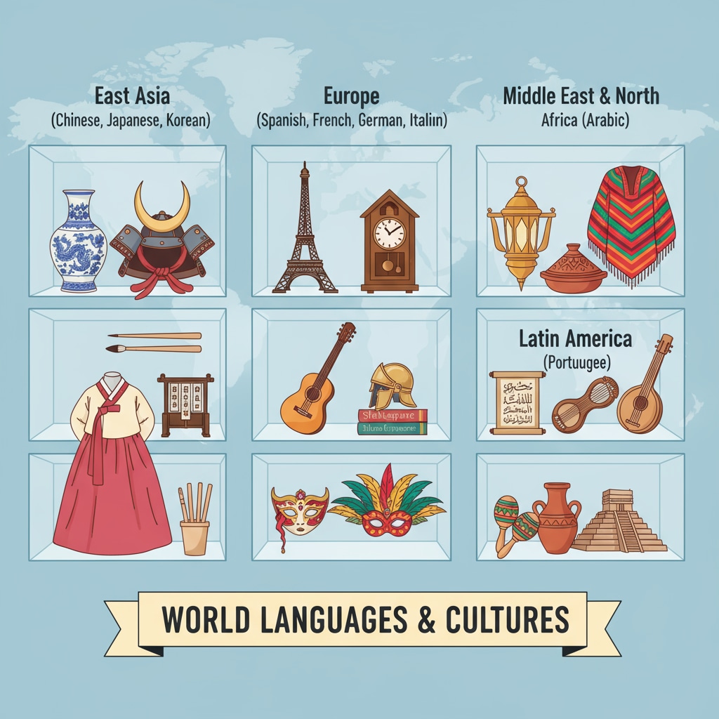 Cultural artifacts showcasing the diversity that language learning can reveal, enhancing students' knowledge and worldview