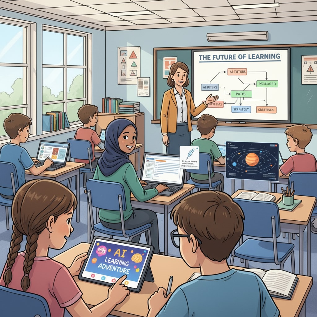 Students using AI education tools in a classroom for learning assistance and teaching applications.