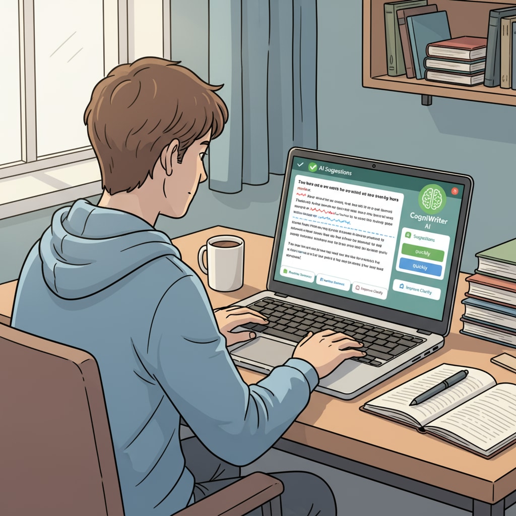 Student using a writing assistance AI tool for learning improvement in K12 education.