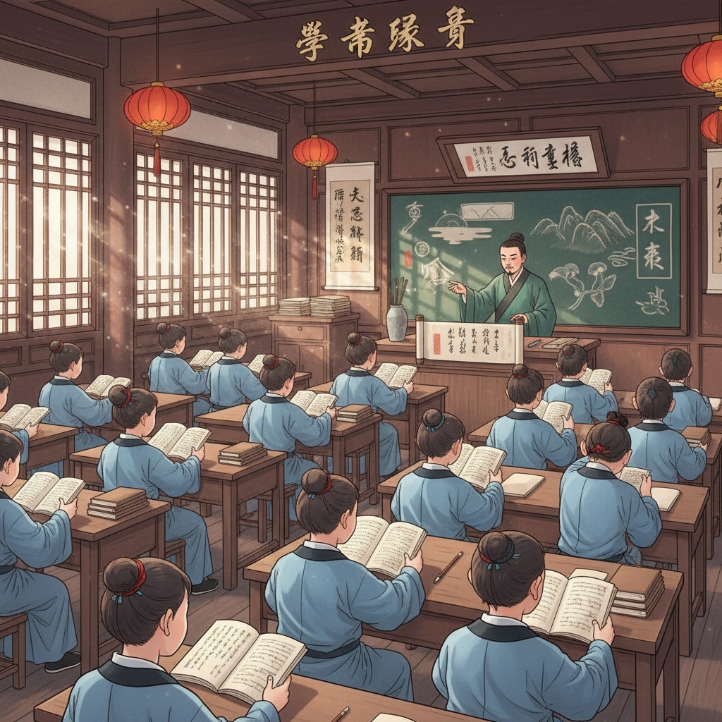 Traditional Chinese classroom scene related to the concept of 