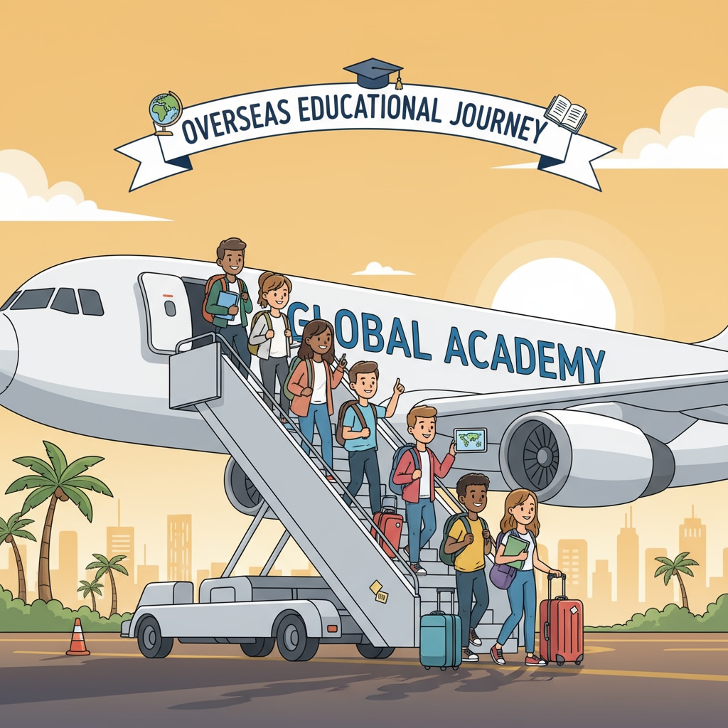 Students boarding a plane for overseas travel organized by a travel company for a school group