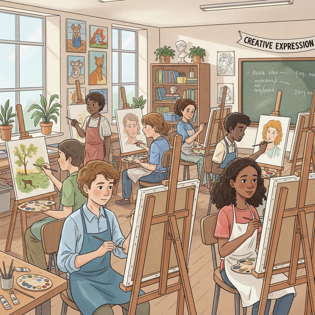 Students engaged in art class which is affected by substitute arrangements