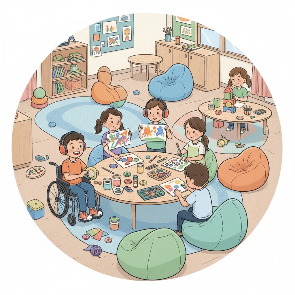 A group of special needs children are engaged in a creative activity in a non-traditional classroom. There are colorful materials and tools around them, and they seem to be enjoying the process. Special needs children in a non-traditional classroom engaged in creative activity