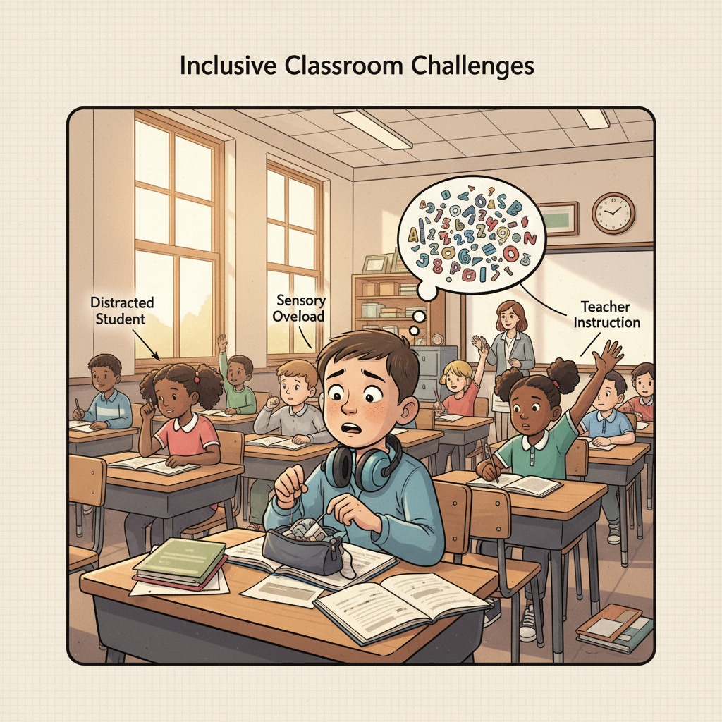 A child with special needs is sitting at a desk in a traditional classroom, looking overwhelmed. There are other students around, but the child seems distracted. A child with special needs looking overwhelmed in a traditional classroom