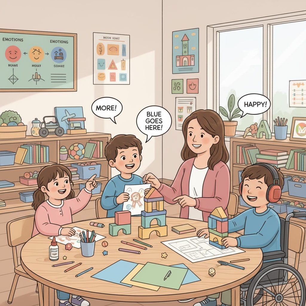A small group of special needs children are working together on a project in a micro-school setting. They are collaborating, sharing ideas, and seem to be having a good time. Special needs children in a micro-school setting engaged in a collaborative project