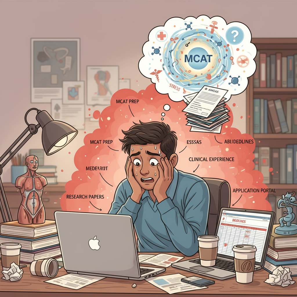 A student under learning stress while preparing for medical school applications