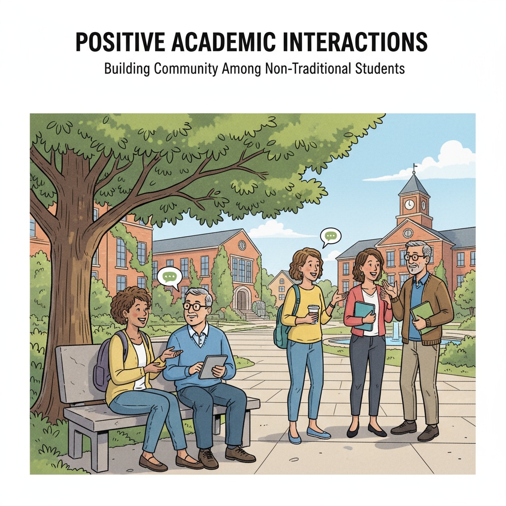 Non - traditional age students interacting on campus, dealing with age anxiety and redefining time sense