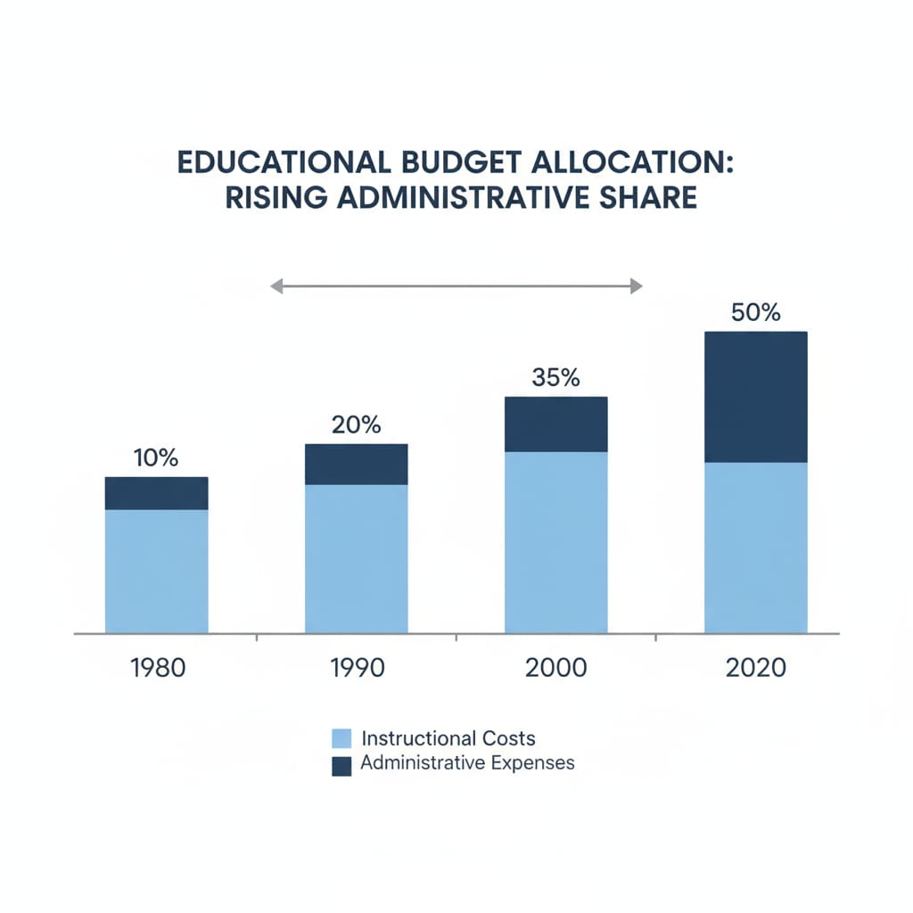 Illustration of the growth of administrative expenses in education budget related to education management, salaries, and student performance