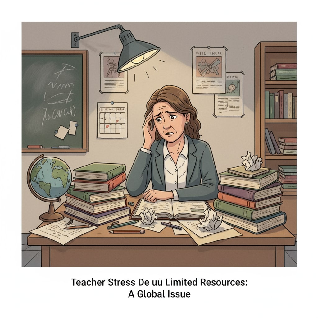 Picture of a stressed teacher lacking resources related to education management, salaries, and student performance