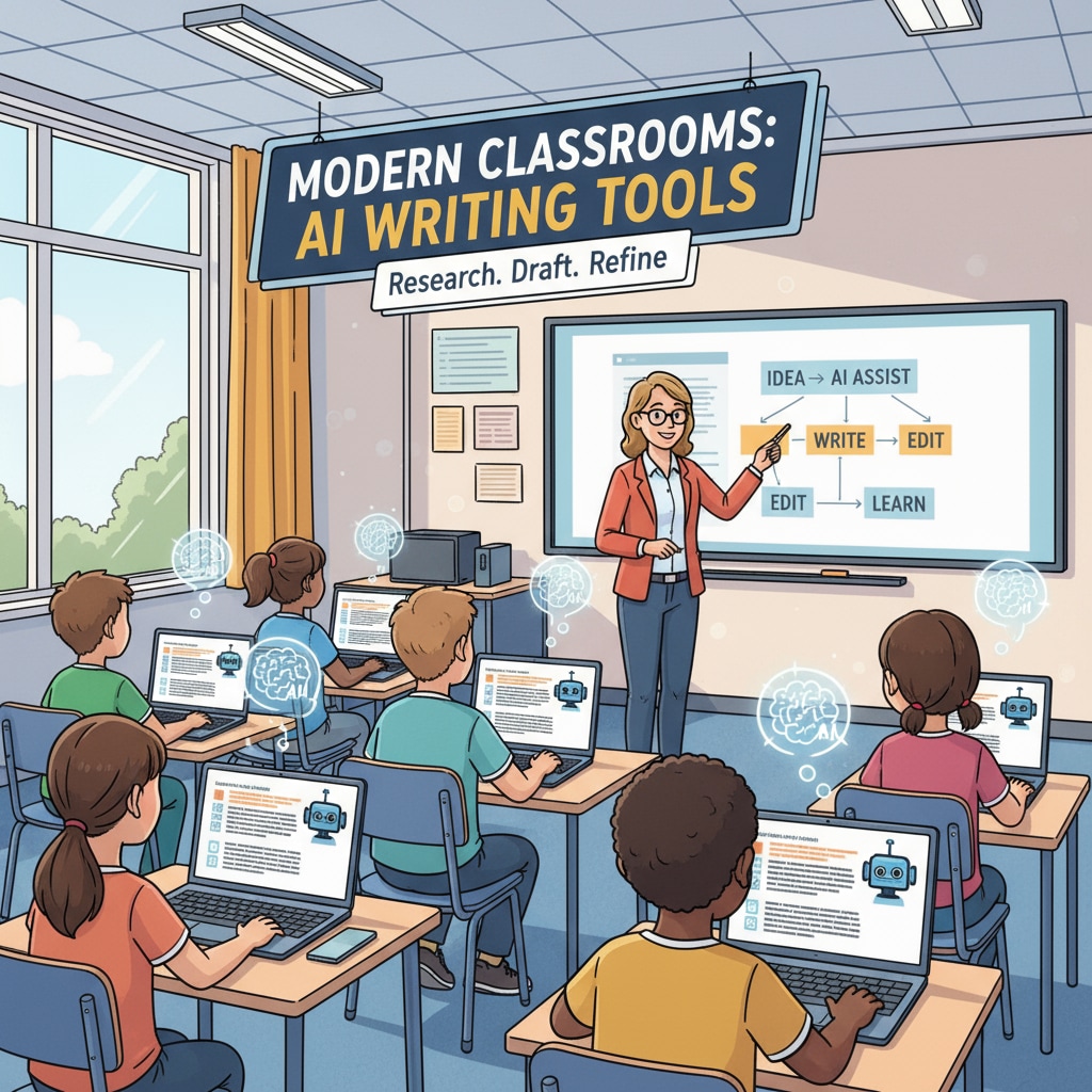 Students using AI tools for writing in a classroom to highlight the issue of assignment authenticity and educational objectives.