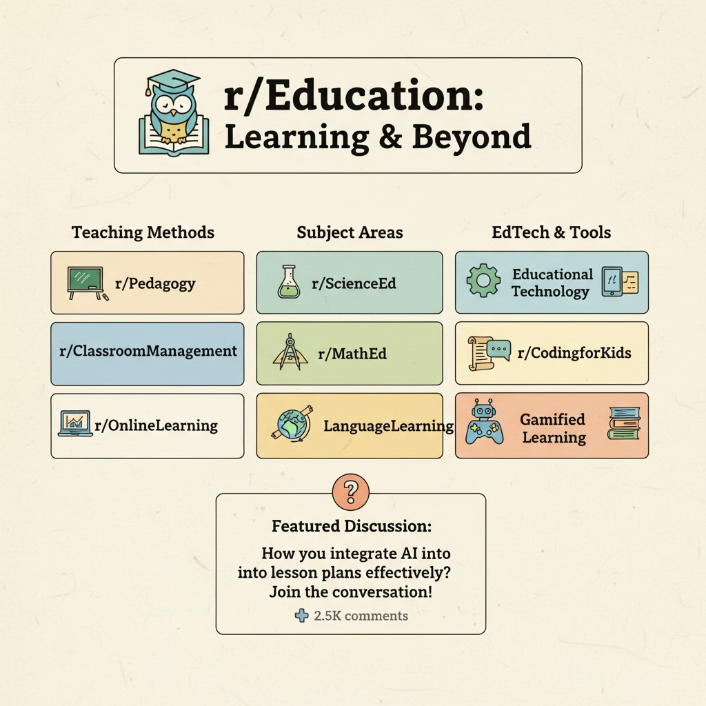 Screenshot of Reddit's education main page with community rules, educational networks, and subreddits visible