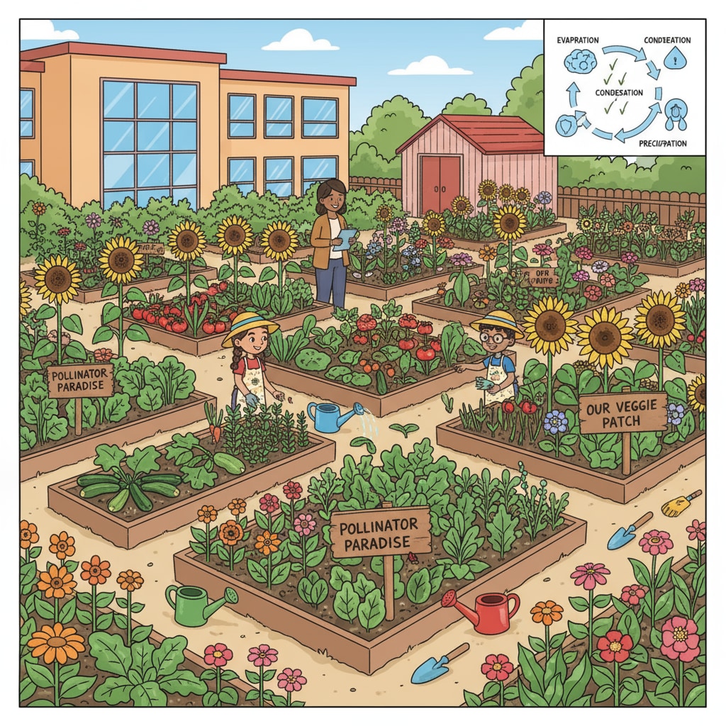 School garden with students engaged in hands-on gardening activities for their development