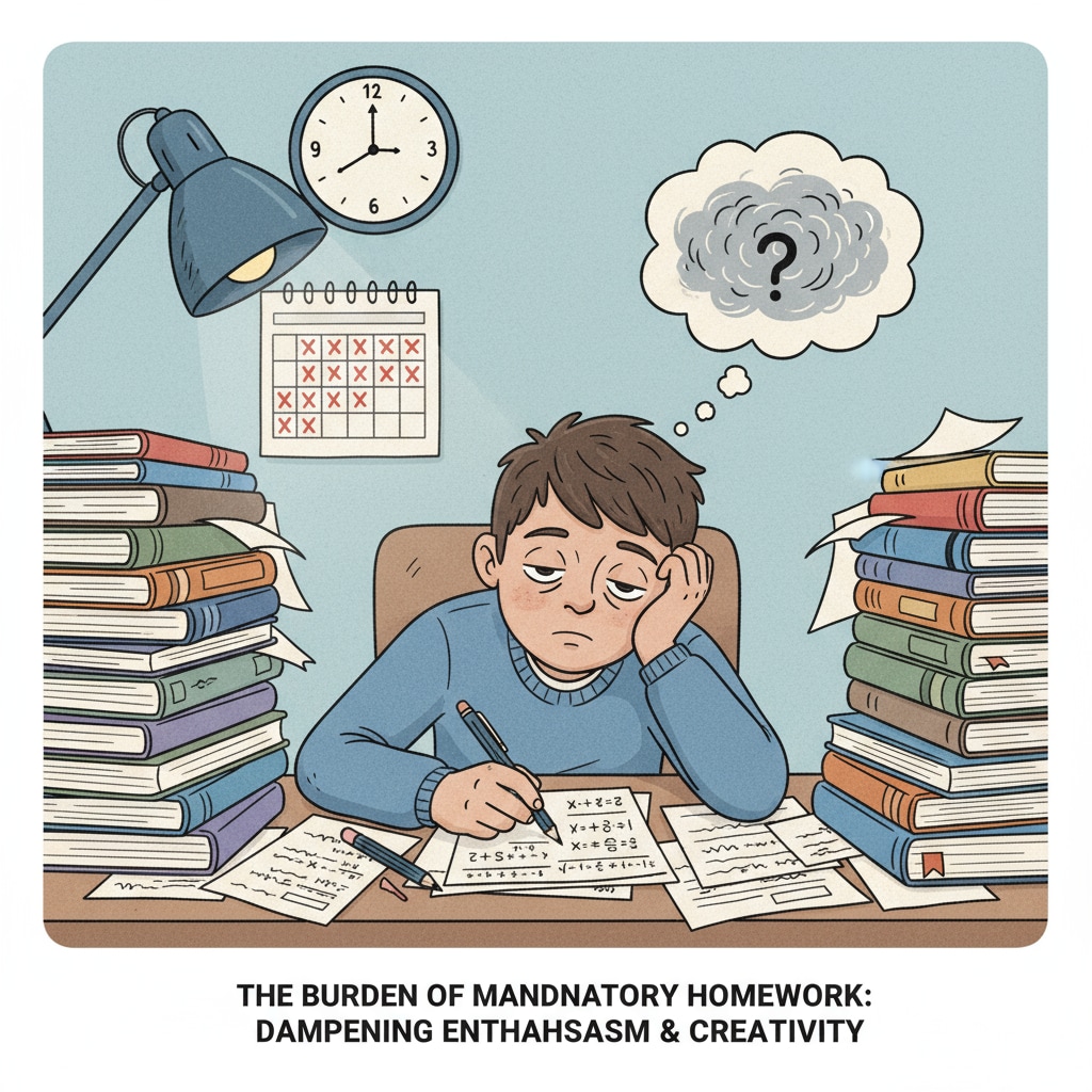 A bored student doing mandatory homework, related to homework, self-motivation, and personal responsibility