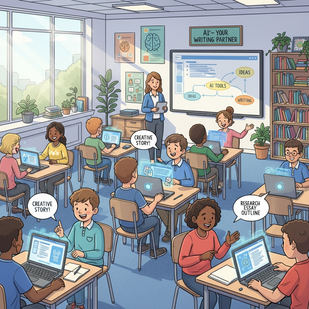 Students in a classroom using AI writing tools to enhance their writing skills