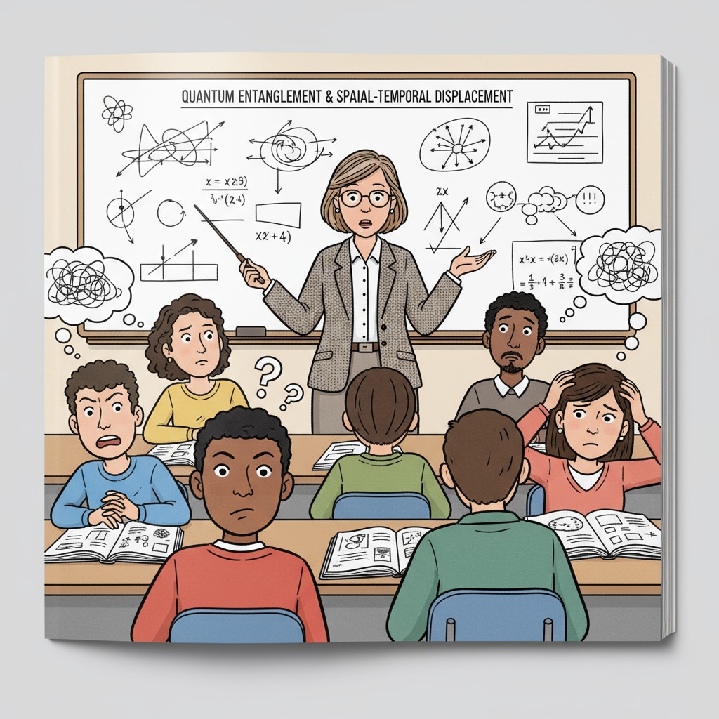 Students in a classroom showing confusion during a theoretical knowledge lecture related to school education, practical skills, and life abilities