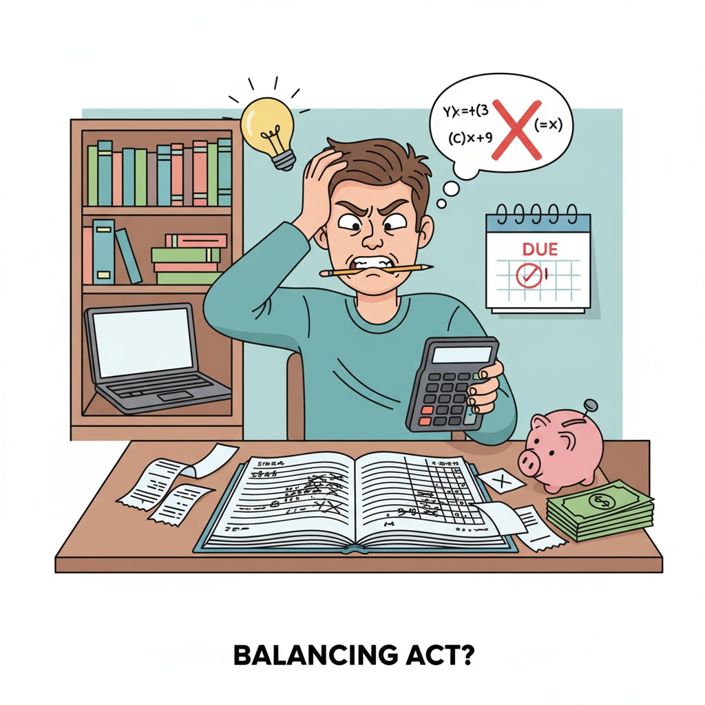 A frustrated student trying to balance a checkbook, highlighting the lack of practical skills in school education