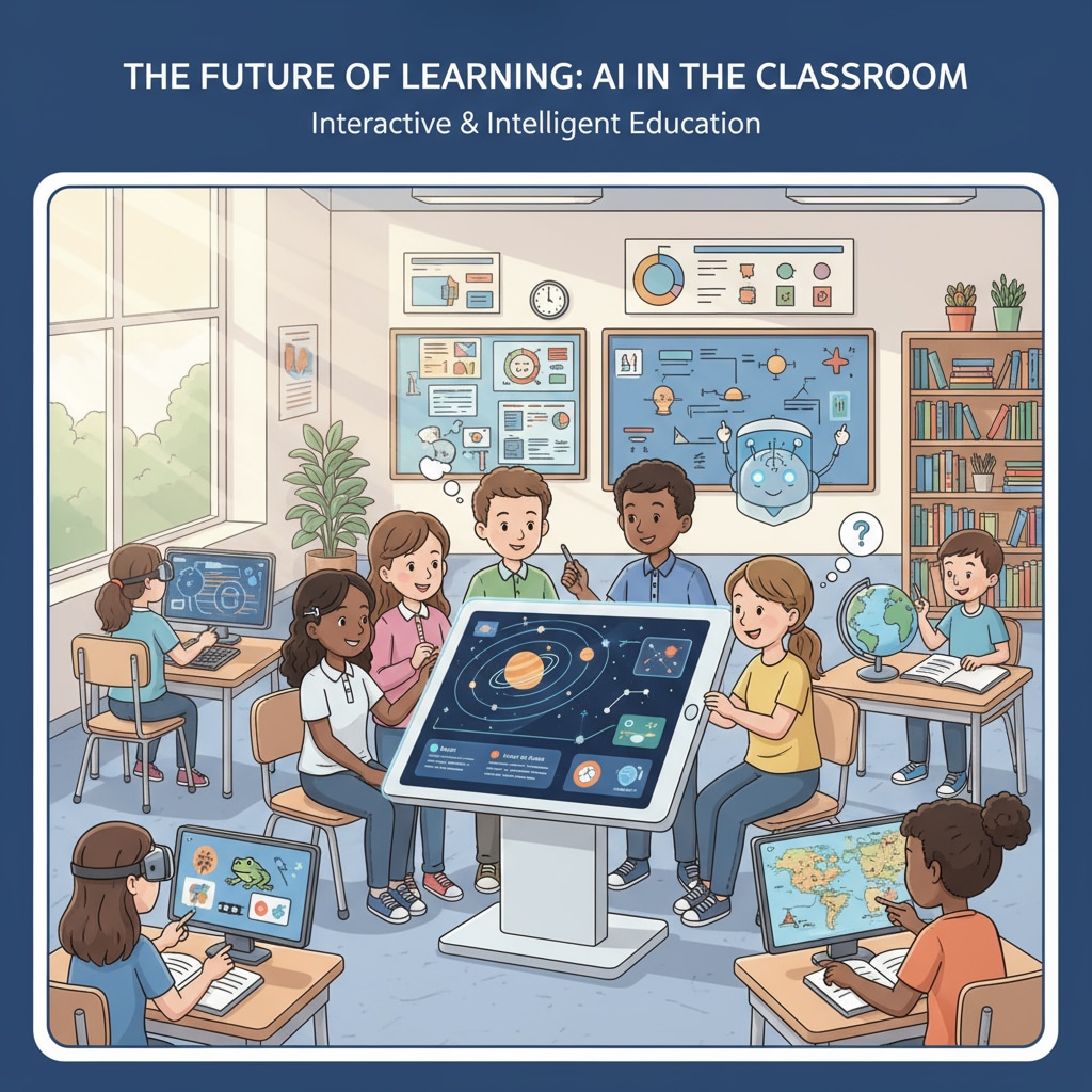 Students interacting with AI educational device in classroom related to artificial intelligence education, replacing teachers, and educational innovation