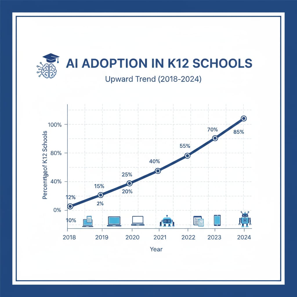 Graph showing increasing adoption of AI in K12 education relevant to artificial intelligence education, replacing teachers, and educational innovation