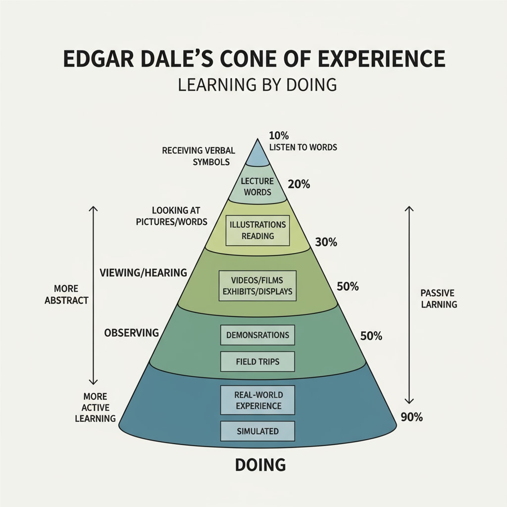 A visual representation of Edgar Dale's Cone of Experience relevant to learning theories, cone of experience, practical learning, and multisensory learning