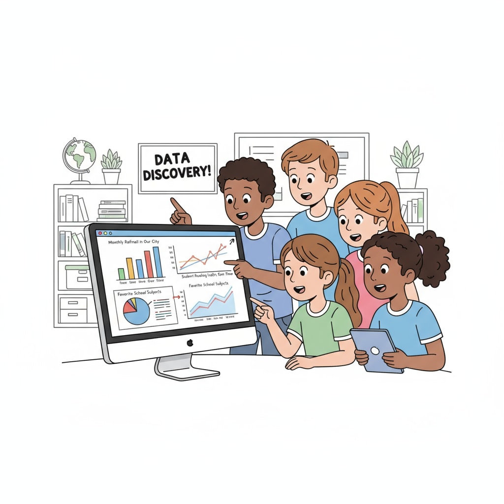 K12 students exploring data analysis graphs on a computer screen, related to data analysis, free courses, and learning resources
