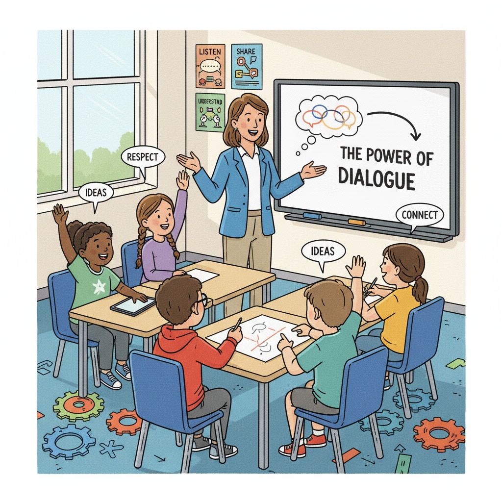 A teacher leading K12 students in a dialogue session emphasizing communication skills