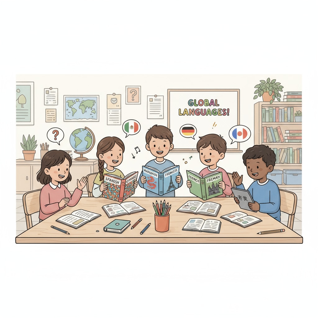 K12 students learning different languages together as part of language learning, polyglot, learning methods