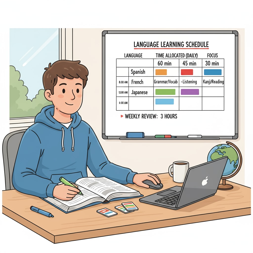 A student's study schedule for multiple languages related to language learning, polyglot, learning methods