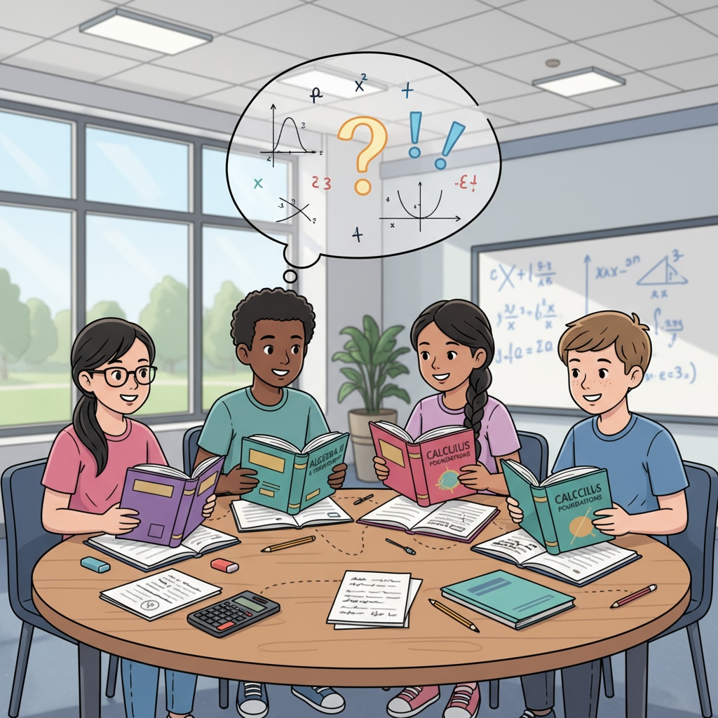 High school students studying math textbooks as a group for standardized tests using learning resources