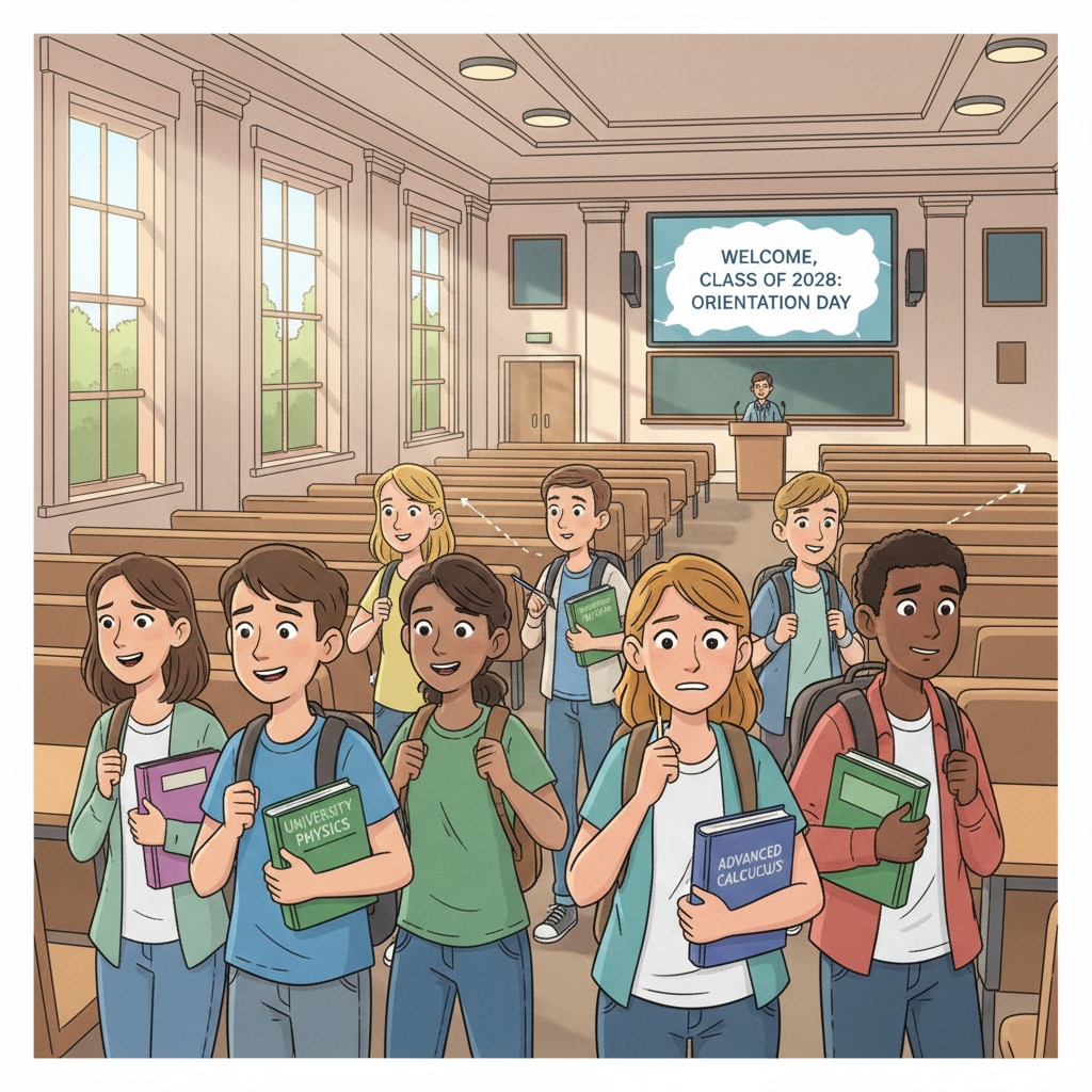 High school self-study students entering a university classroom, showing their adaptation experience.