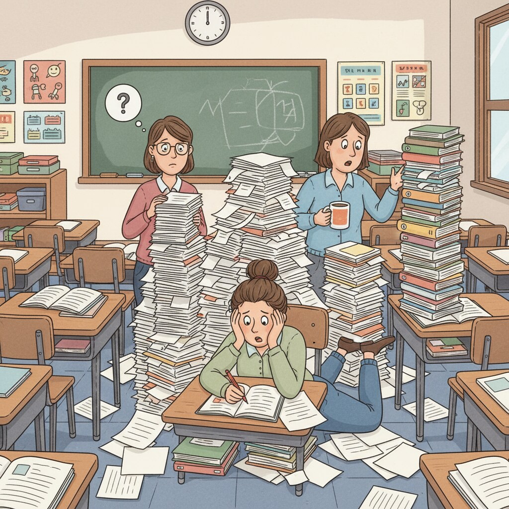 Teachers facing excessive workload due to large amounts of student assignments.