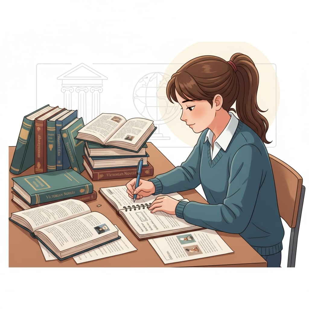 A focused student studying English literature books while pursuing a master's degree to manage academic stress.