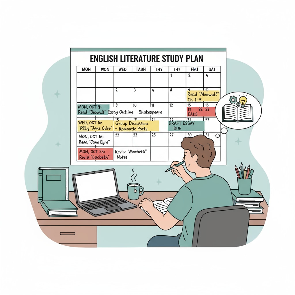 A student managing academic stress in English literature master's courses by using a calendar for study planning.