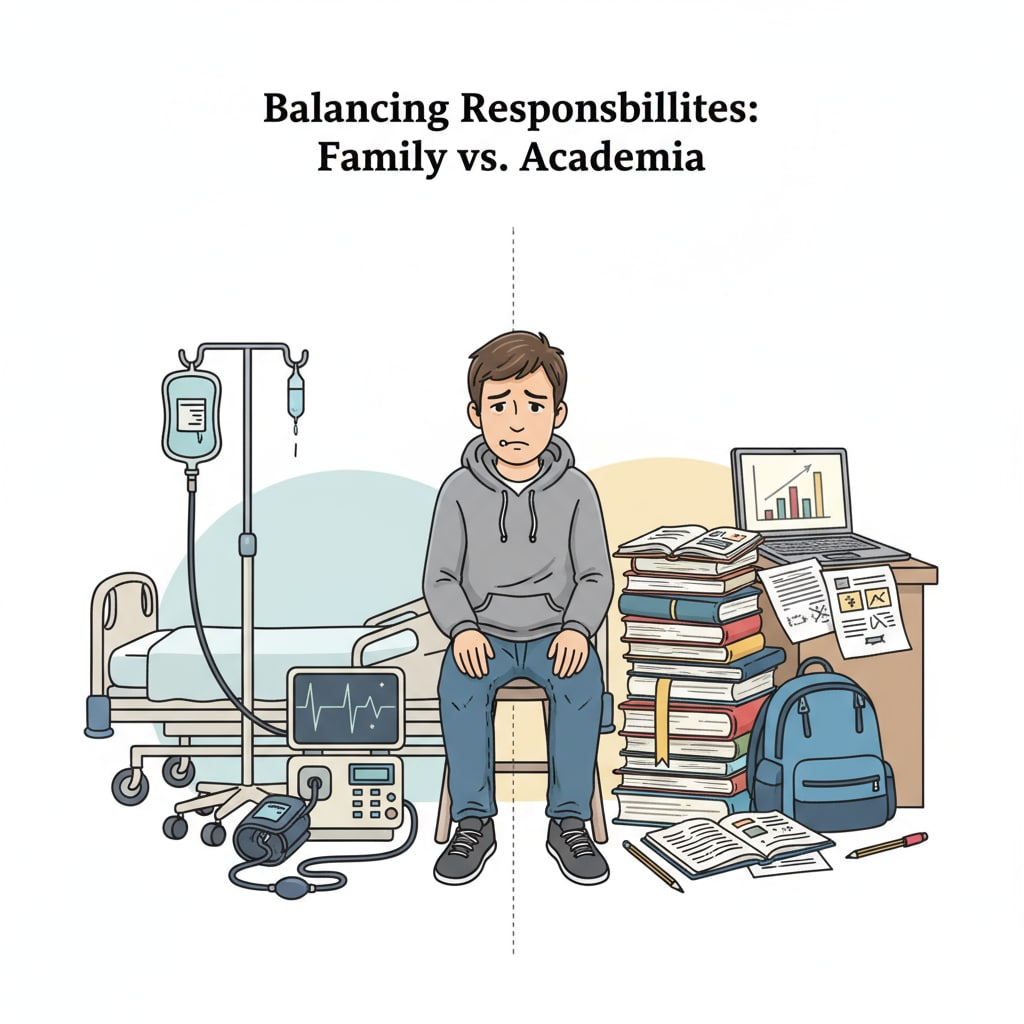 A 17-year-old facing the dilemma of family responsibilities and academic pressure with emotional turmoil.