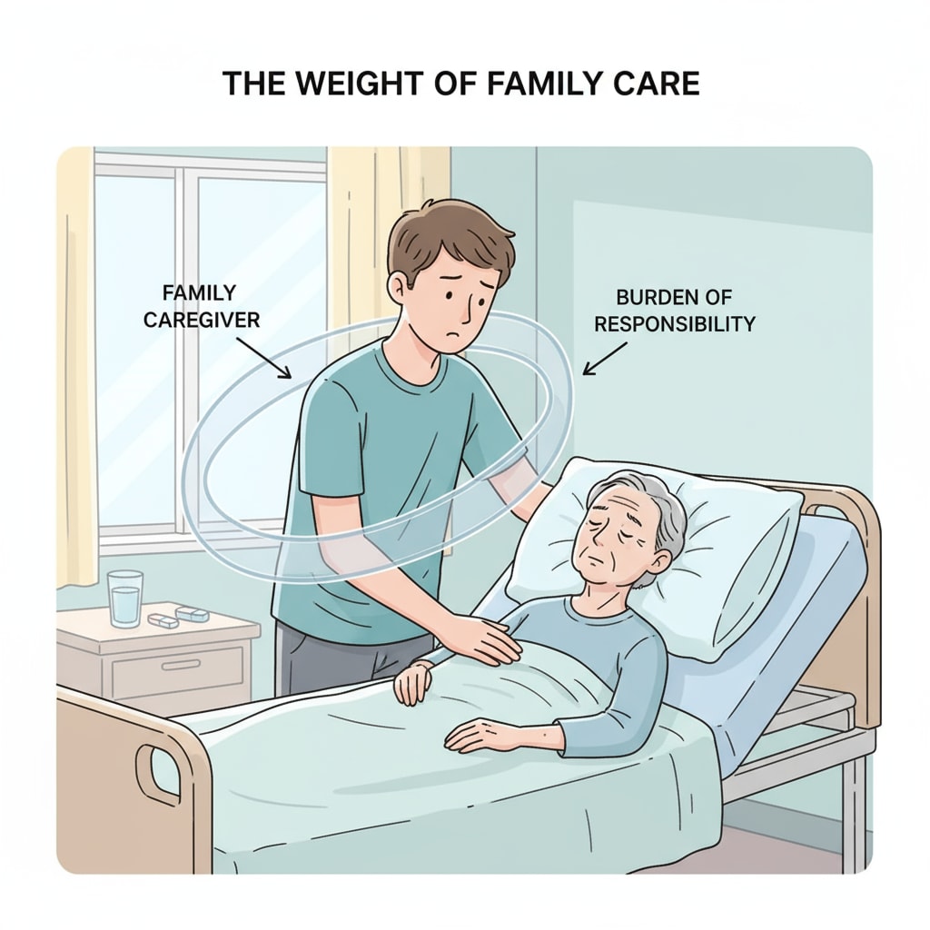 A young person taking on family responsibility by helping a sick family member.