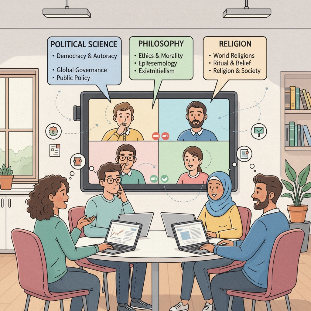 Students engaged in an online discussion about political science, philosophy, or religion