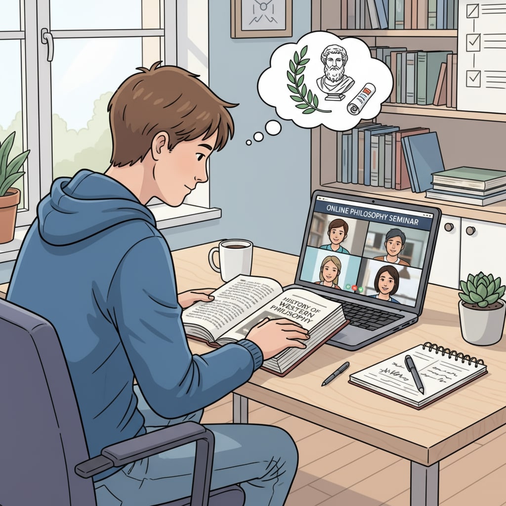 A student reading a philosophy book during an online class