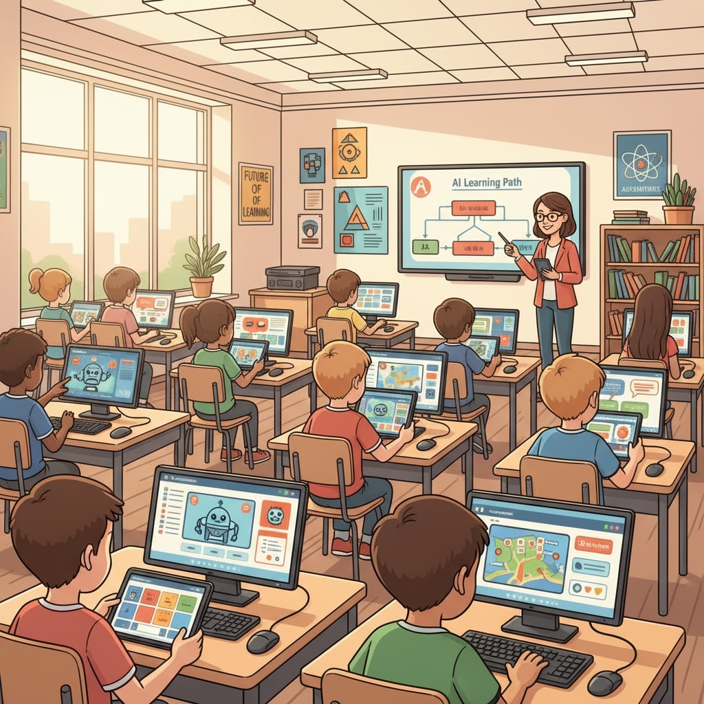 A classroom scene where children are using AI educational tools, such as tablets with educational apps. Children using AI educational tools for learning and growth