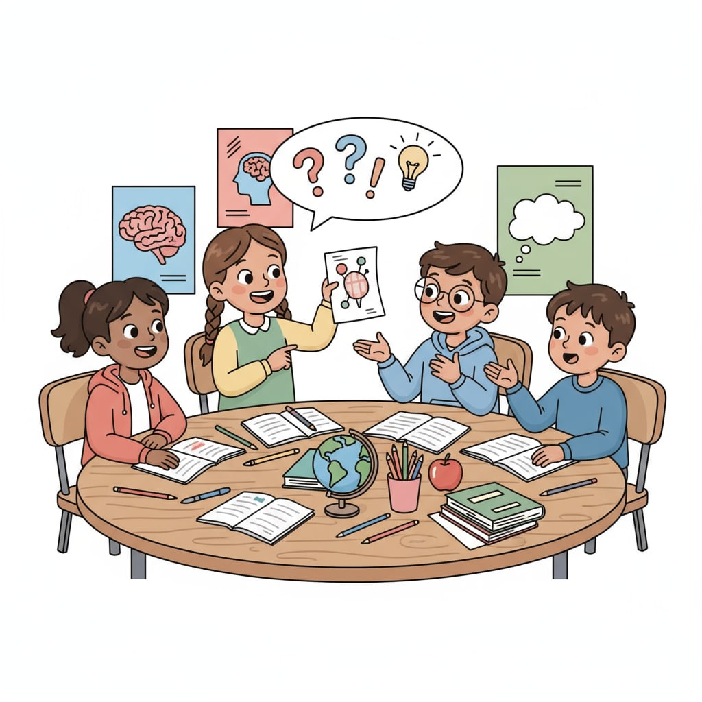 A group of children sitting around a table, having a lively discussion, with papers and pens in front of them, representing critical thinking in action. Children engaged in critical thinking through group discussion for growth in AI education
