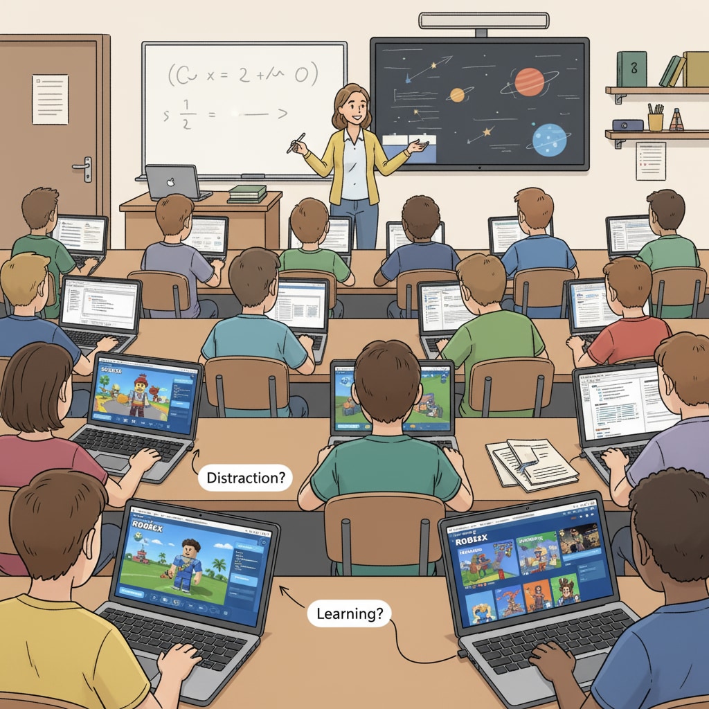 Students using MacBook Pro with Roblox interface in a classroom, highlighting the student管控（英文） challenge.